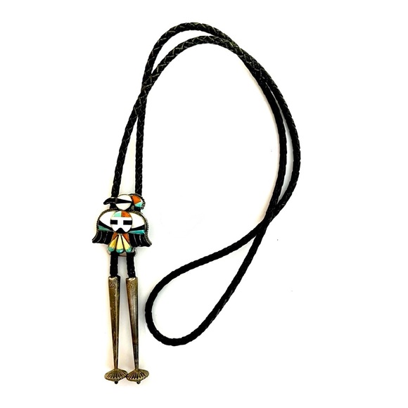 Zuni, Vintage Old Pawn 1950s Turquoise Coral MoP Jet Thunderbird Bolo Tie - Picture 4 of 7